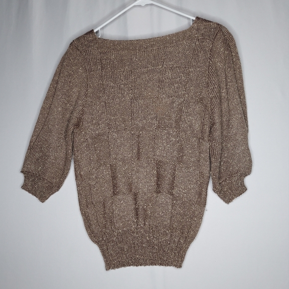 KnitMakers Vtg‎ Half Sleeve Sweater Small Square Neck Block Plaid Textured 60s - Picture 2 of 12